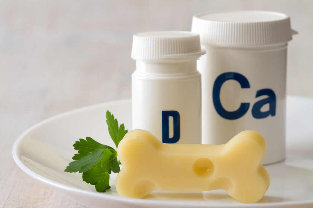 Bone shaped cheese and dietary supplements with calcium and vitamin D on plate, strong and healthy bones concept
