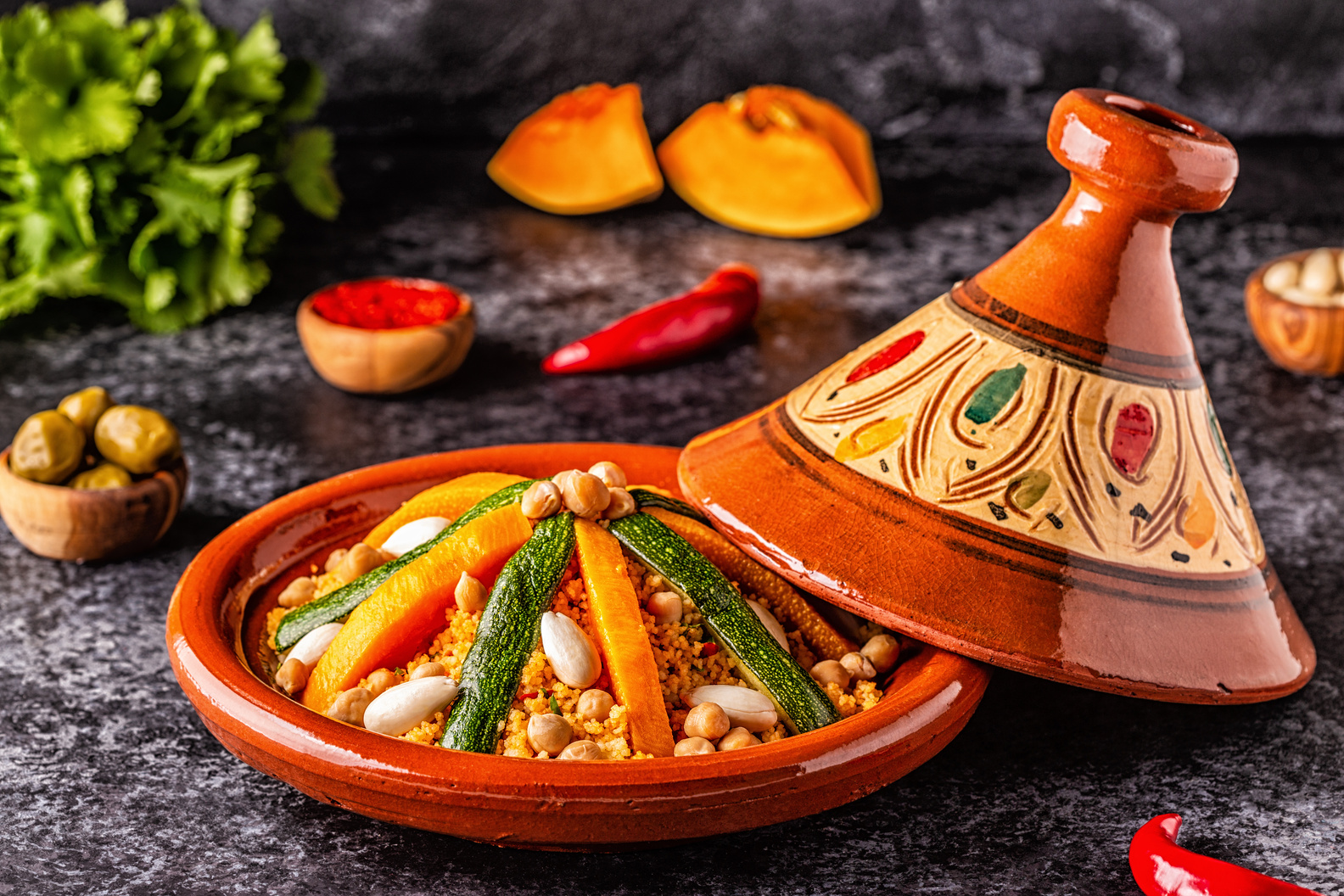 Vegetable tagine with almond and chickpea couscous